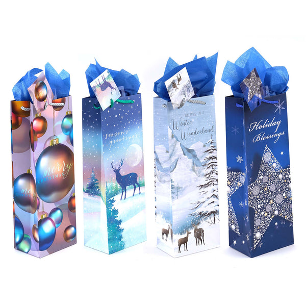 Bottle Christmas Sparkles In Blue Printed Bag, 4 Designs