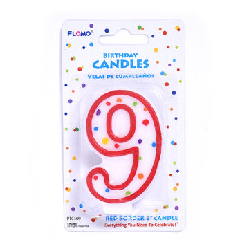 3" 1Pk Birthday Candle -Red Border Numerical "9"