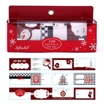 120Ct Christmas Boxed Red, Black & White Plaid Gift Tags With Hot Stamping