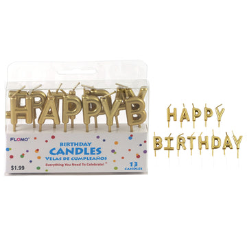 3.1" Happy Birthday Pick Candles, Gold Metallic