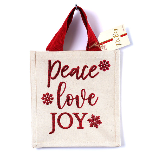 Christmas Peace/Love/Joy Embossed Canvas Tote Bag With Inside Lamination 10" X 11" X 6"