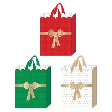 3Pk Large Die Cut Christmas Gift Bags W/Hot Stamp, Dot & Bows Holiday,  3 Designs