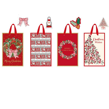 4Pk Narrow Medium Christmas Bags W/Hot Stamp, Cm Traditional, 4 Designs