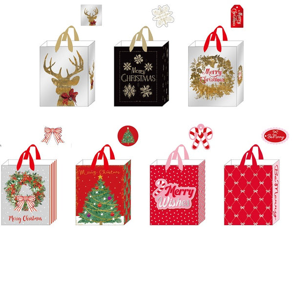7Pk Medium Christmas Hot Stamp/Glitter/Print On Metallic Bags, Holiday Holiday, 7 Designs