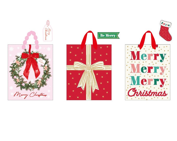 3Pk Large Christmas Bag W/Hot Stamp, Merry Bow Holiday, 3 Designs