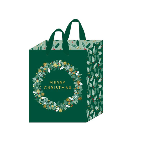 6Pk Medium Christmas Bags W/Hot Stamp, Mc Wreath On Green,