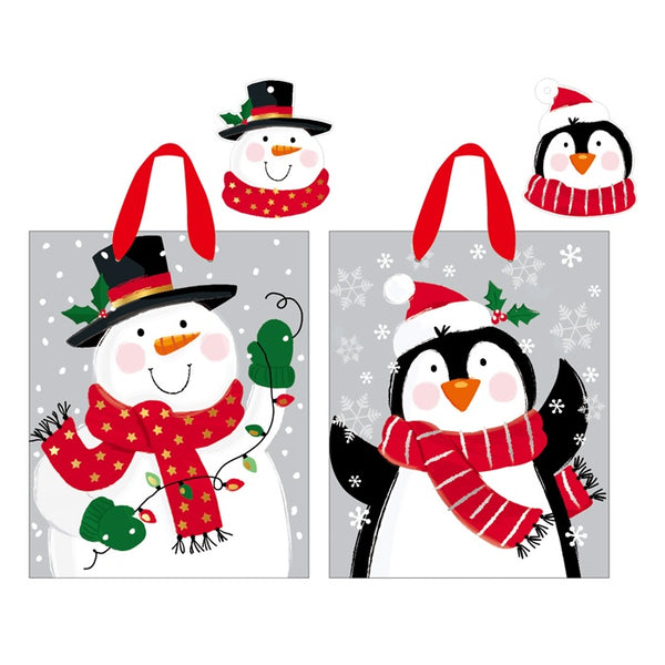 2Pk Extra Large Christmas Gift Bags W/Hot Stamp, Snowman-Penguin Party, 2 Designs