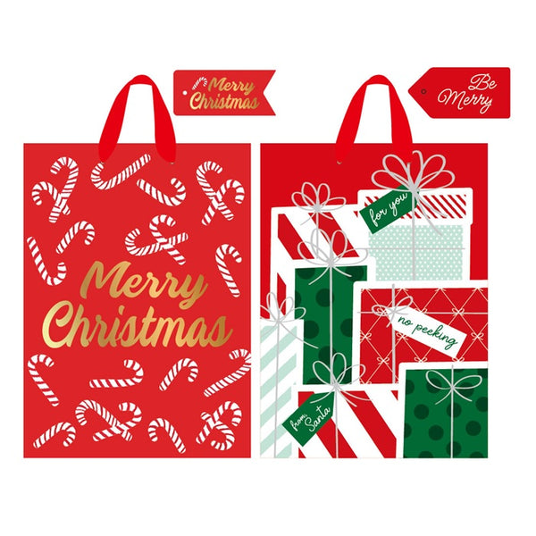 2Pk Extra Large Christmas Gift Bags W/Hot Stamp, Candycane & Presents, 2 Designs