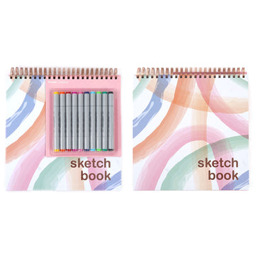 100 Sht Pastel Brush Stroke Sketch Book W/ Hot Stamp & 10Ct Dual Tip Alcohol Markers 12" X 12"