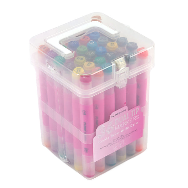 36Ct Dual Tip Chisel & Fine Tip Markers W/ Matte Hot Pink Barrel/Clear Caps In Reusable Case