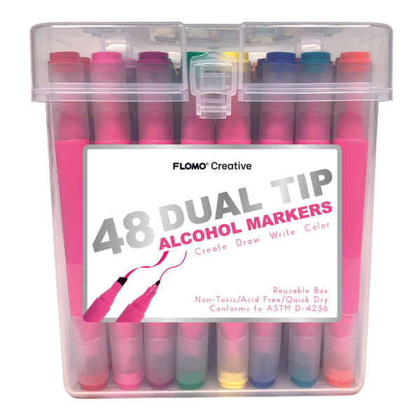 48Ct Dual Tip Chisel & Fine Tip Markers W/ Matte Hot Pink Barrel/Clear Caps In Reusable Case