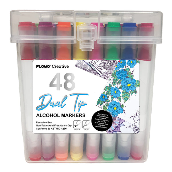48Ct Dual Tip Chisel & Fine Tip Markers With Matte White Barrel/Clear Caps In Reusable Case