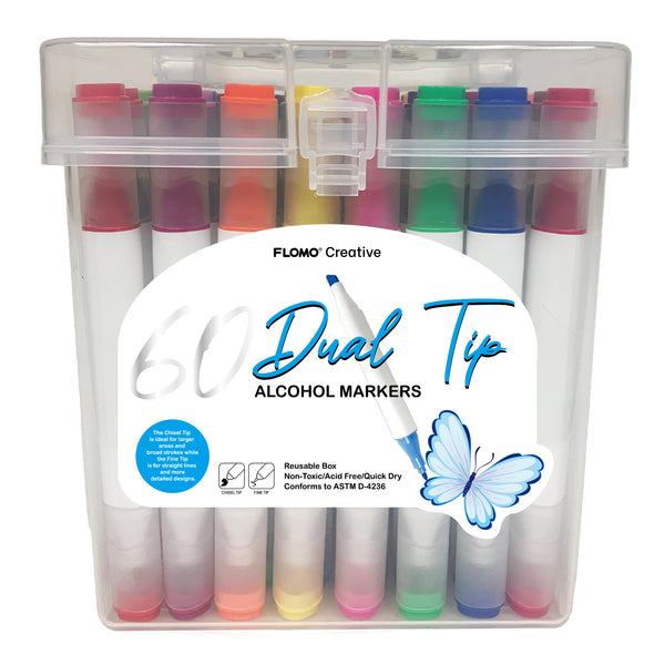 60Ct Dual Tip Chisel & Fine Tip Markers With Matte White Barrel/Clear Caps In Reusable Case