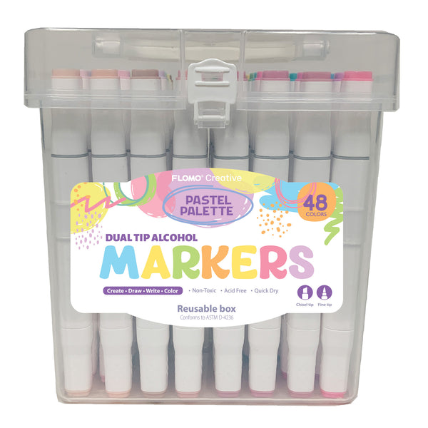 48Ct Dual Tip Chisel & Fine Tip Markers In Pastel Palette With White Barrel In Reusable Case