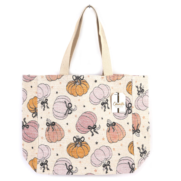 Halloween Pumpkins With Bows Chenille With Lurex Tote Bag, 16" X 16" X 6"