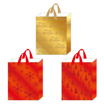 3Pk Large Christmas Glitter On Matte Metallic Bag, Red & Gold Sparkle, 3 Designs