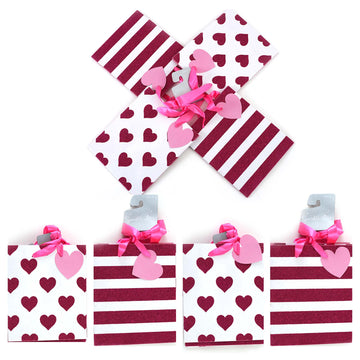 4Pk Medium Glitter Pink Silver/Gold Heart Stripe Gift Bag, 4 Designs