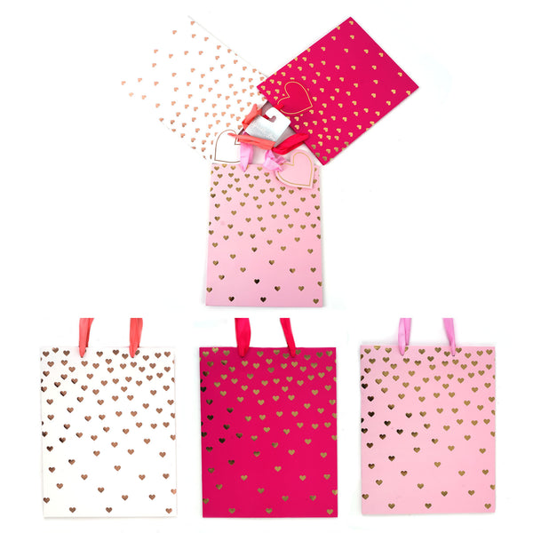 3Pk Large Hot Stamp On Matte Dainty Hearts Gift Bags, 3 Colors