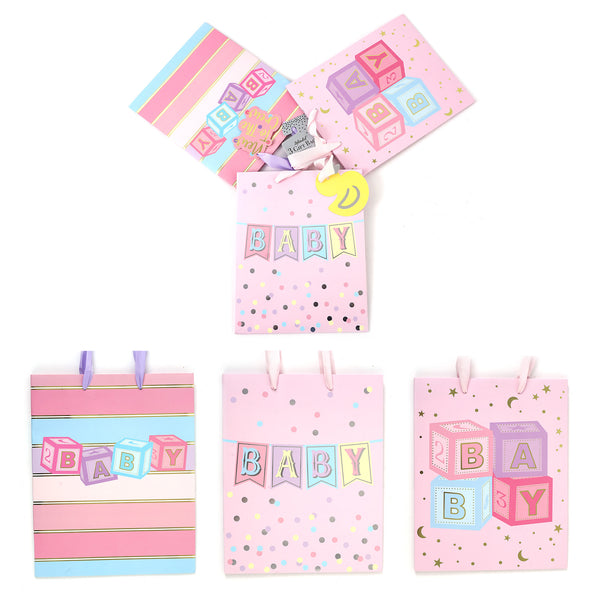 3Pk Large Baby Hot Stamp Gift Bags,  Baby Block Girl, 3 Designs