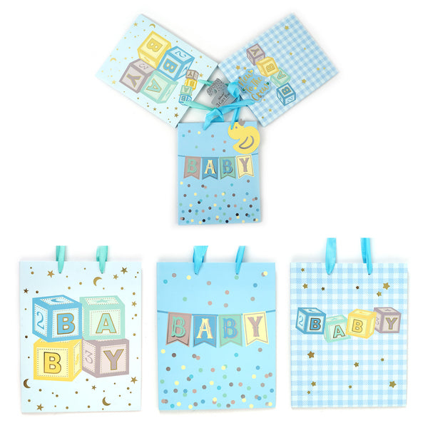 3Pk Large Baby Hot Stamp Gift Bags,  Baby Block Boy, 3 Designs