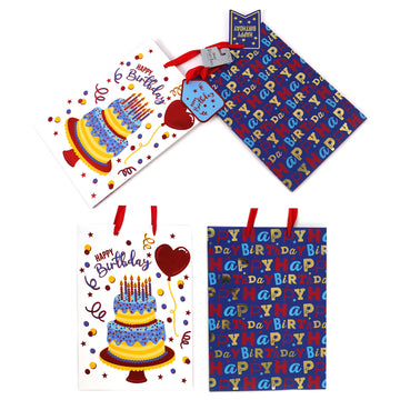 2Pk Extra Large Birthday Gift Bags W/Hot Stamp, Primary Birthday Cake & Typography, 2 Designs