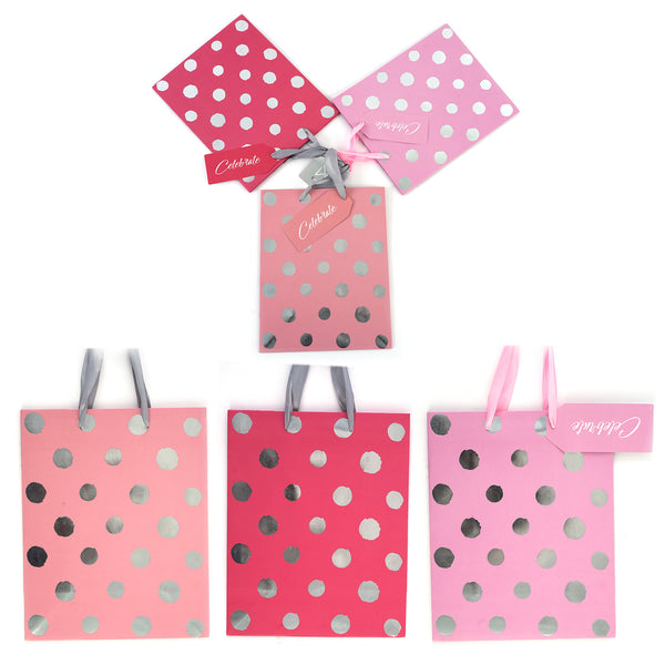 3Pk Large Silver Dots On Pink Hues Stamp Gift Bags, 3 Designs