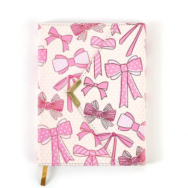 128 Sheet/256 Page Pu Cover Envelope Flap Journal, Pink Bows, 6"W X 8"L