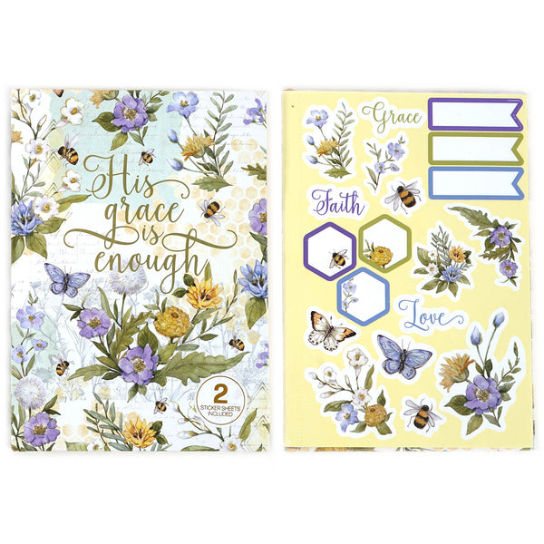 160Sht/320Pg Bookbound Journal W/Hot Stamp,2Sht Stickers, Religious Bee Floral, 8.5"Lx6"W