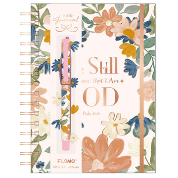 160Sht/320Pge Jumbo Spiral Chunky Journal W/Pen, Be Still God Muted Floral, 8.5" X 6.25"