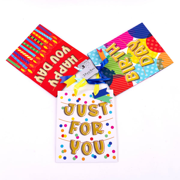 3Pk Large Birthday Banner Balloon Hot Stamp Gift Bags, 3 Assorted Designs