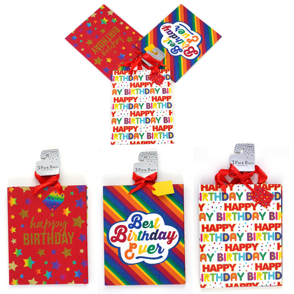 3Pk Large Best Birthday Glitter Gift Bags, 3 Designs