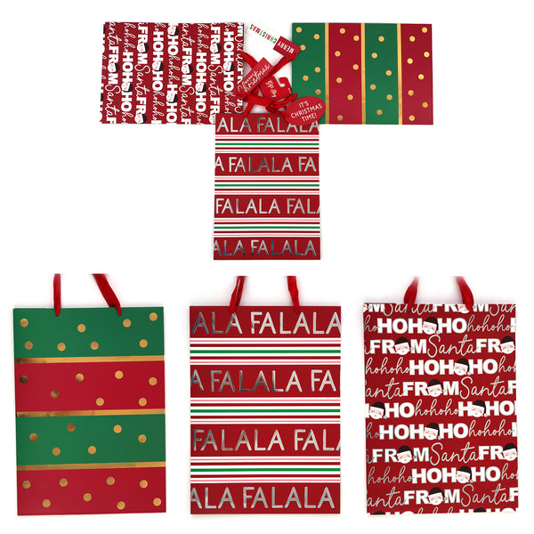 3Pk Extra Large Christmas Gift Bags W/Hot Stamp, Typography & Stripes, 3 Designs