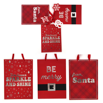 3Pk Extra Large Christmas Gift Bags W/Hot Stamp, Santa Loves Red, 3 Designs