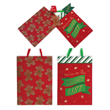 2Pk Extra Large Christmas Gift Bags W/Hot Stamp - Red Naughty Gingerbread