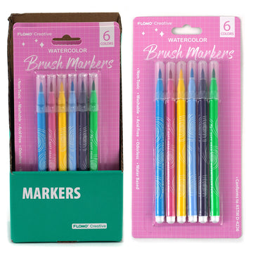 6Pk Brush Markers, 6 Colors, Pink Packaging