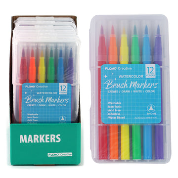 12Pk Brush Tip Water Color Markers In Reusable Case, 12 Colors, Blue Label