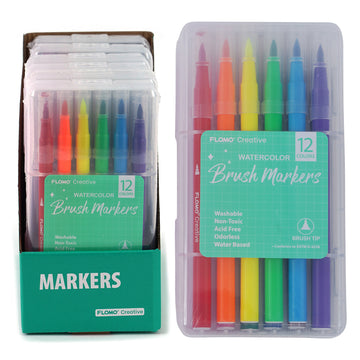 12Pk Brush Tip Water Color Markers In Reusable Case, 12 Colors, Green Label