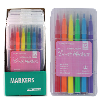 12Pk Brush Tip Water Color Markers In Reusable Case, 12 Colors, Pink Label