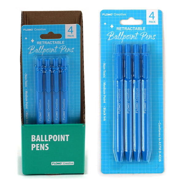 4 Pc Retractable Ball Point Pens, Blue Barrel/Packaging