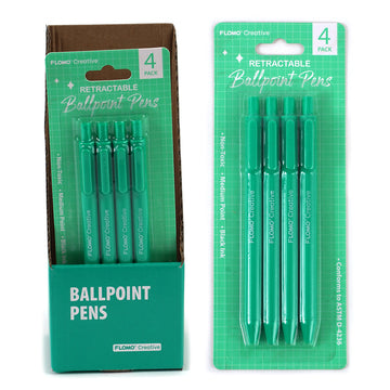 4 Pc Retractable Ball Point Pens, Green Barrel/Packaging