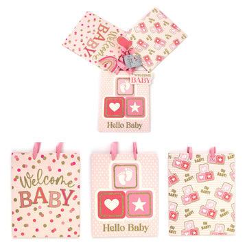 3Pk Large Baby Glitter Gift Bags, Welcome-Hello-Oh Baby Girl! 3 Designs