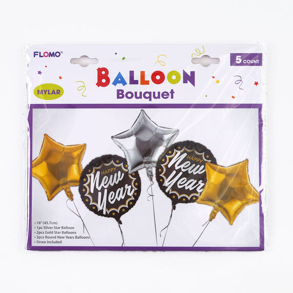 18" New Years Mylar Balloon Bouquet, 5Pcs Set