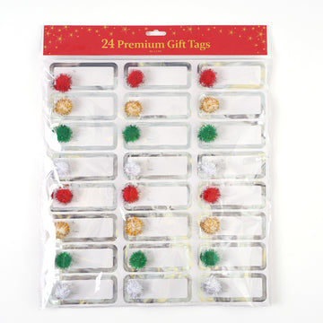 24Ct Christmas Pom Pom Adhesive Gift Tags With Hot Stamping