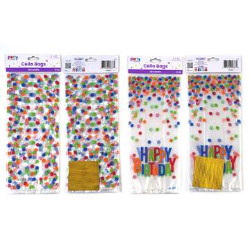 20Ct Happy Birthday Dots Cello Bags W/Twist Ties, 5"X11.5"L, 2 Designs Assorted