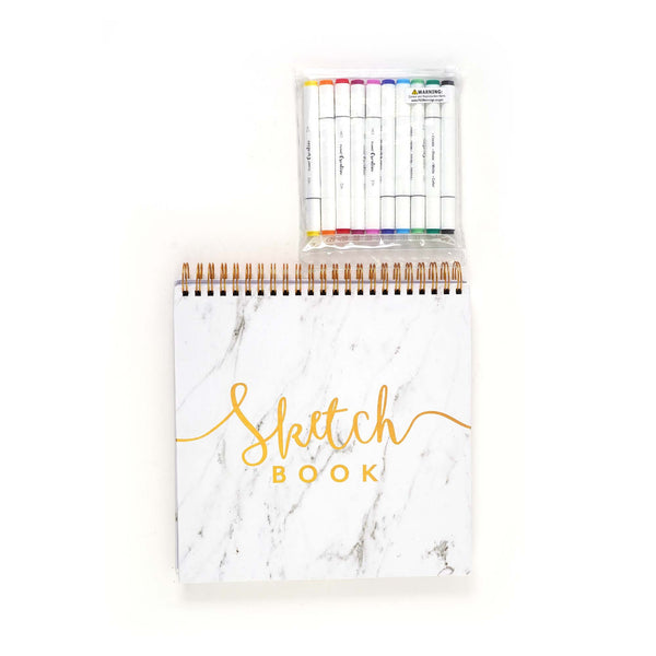 100 Sht 12" X 12" Top Spiral Marble Sketch Book W/10Pc Dual Tip Markers