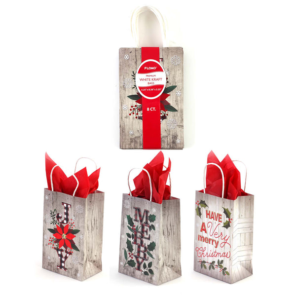 8Pk Narrow Medium Hot Stamp Bundle White Christmas Plaids Kraft Bags, 3 Designs