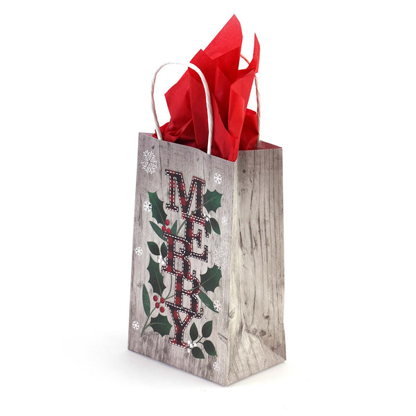 8Pk Narrow Medium Hot Stamp Bundle White Christmas Plaids Kraft Bags, 3 Designs