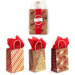 8Pk Narrow Medium Hot Stamp Bundle Red Gold Christmas Kraft Bag, 3 Designs