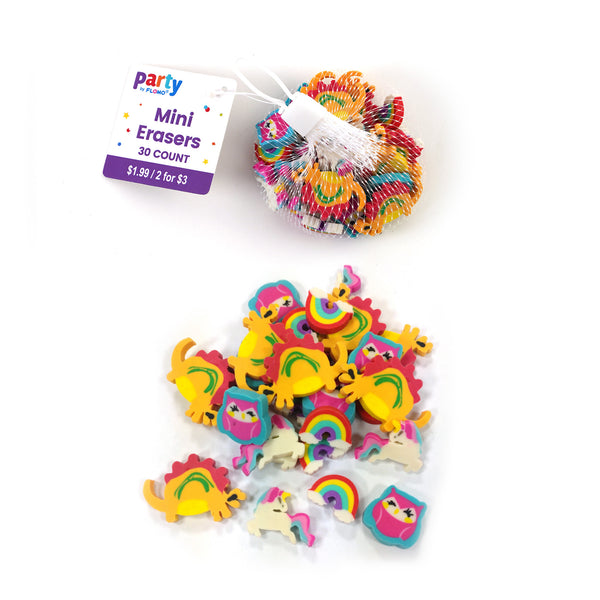 30Ct Mini Erasers In Mesh Bag, Assorted Designs