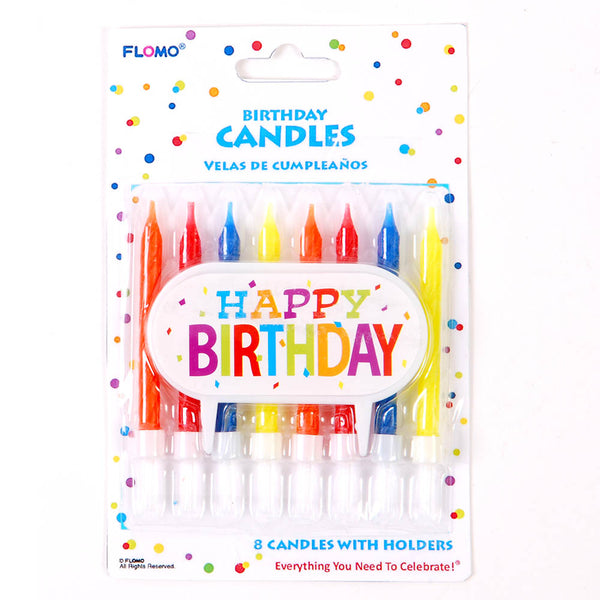 Decoración de pastel de cumpleaños con 8 velas y portavelas